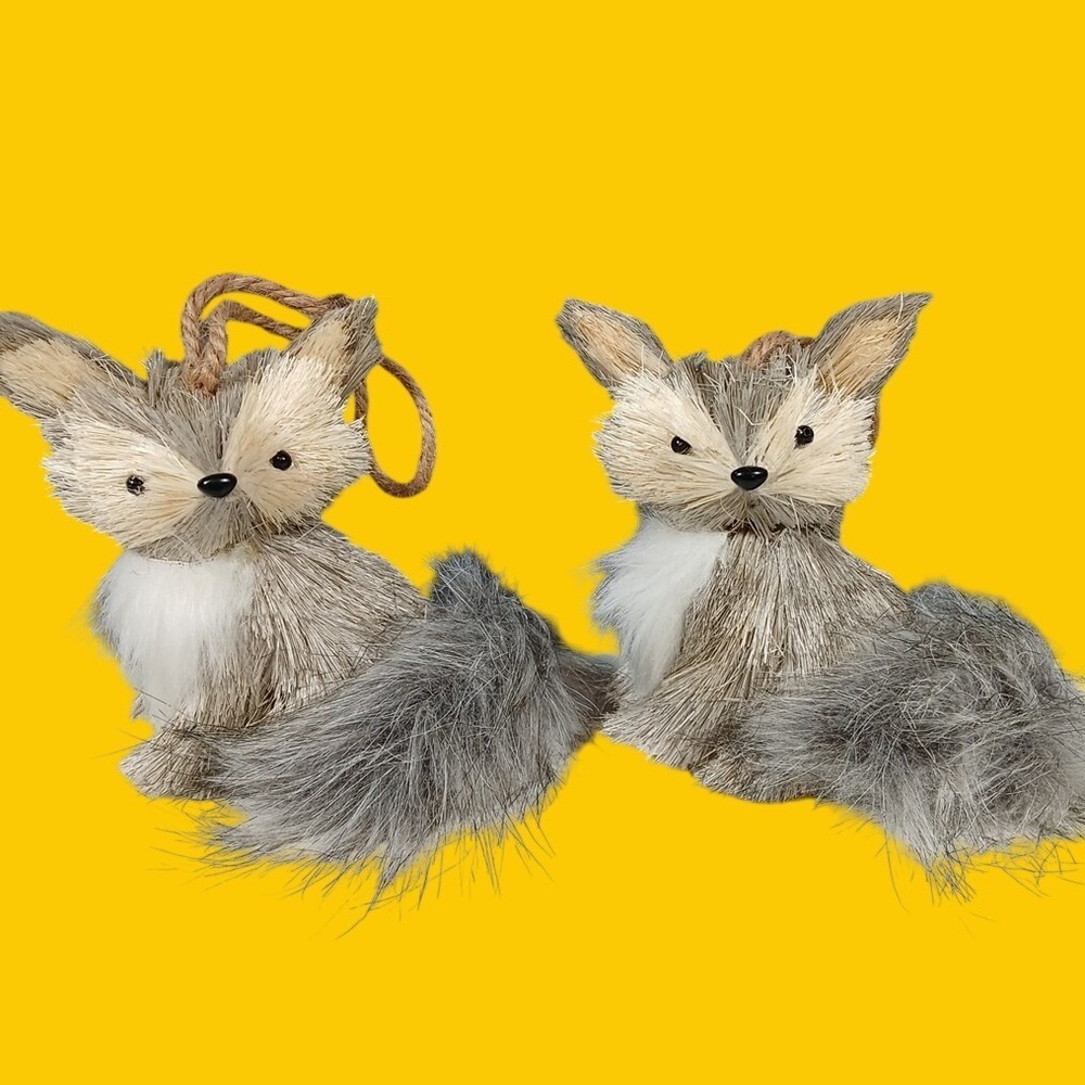 Sisal Fox Ornaments Set of 2 Grey Tan Woodland Christmas Decor